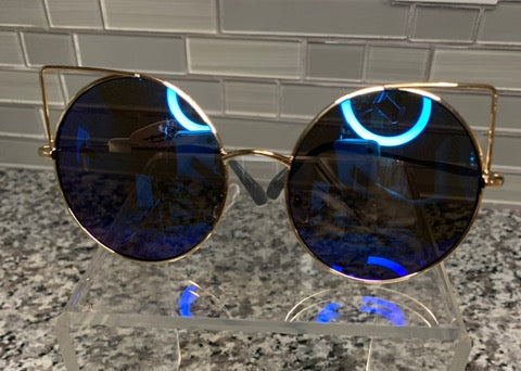 Cat Eye Gold Metal Frame with Blue Tint